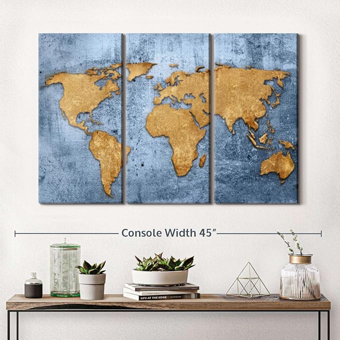 ElephantStock Azure World Map Wall Art Multi Piece Canvas - 3 Panel Wall Decor - Map of the World Art - Canvas for the Office and Home - 38" X 24"