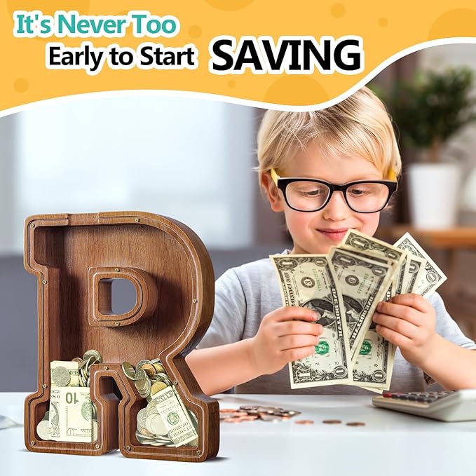 Summidate Customized Name Extra Large Wooden Piggy Bank for Kids Boys Girls Alphabets Letter A-Z Coins Bills Money Change Saving Box Clear Cover (Laser Engraved) Educational Toys 12"- Letter R
