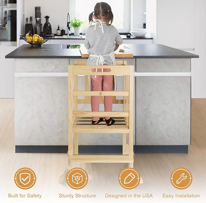 Foldable Toddler Learning Standing Tower, WOOD CITY Montessori Kitchen Step Stool Ideal Helper with 3 Adjustable Heights for Learning New Skills(Natural)