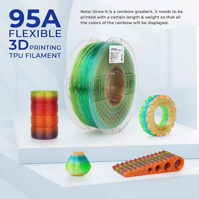 AMOLEN TPU 3D Printer Filament, Transparent Multicolor Rainbow TPU 1.75mm, Color Change Flexible Soft TPU 3D Printing Filament Supports High Speed, 1kg Spool(2.2lbs), Blue Green Orange