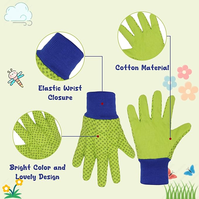 HANDLANDY 4 Pairs Kids Gardening Gloves, Girls Boys Children Garden Work Play Gloves (Green Dot, Medium)