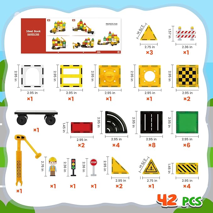 cossy Magnetic Tiles Road Set, Magnet Tiles with Mobile Crane, Magnetic Tiles for Kids Ages 4-8, STEM Toys, Magnet Blocks for Boys and Girls, Creative Building Toys, Engineering