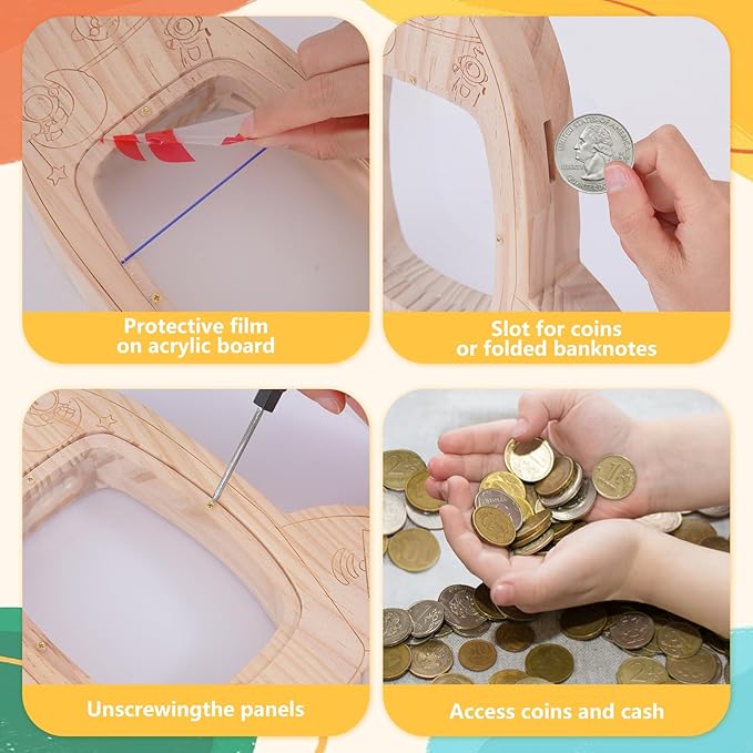 Wooden Piggy Bank for Kids, DIY Night Light Personalized Money Bank for Boys, Girls, Unbreakable Saving Box with Paintbrush and 12 Paints, Coin Jar Gifts for Kids Birthday Decor (Rocket)