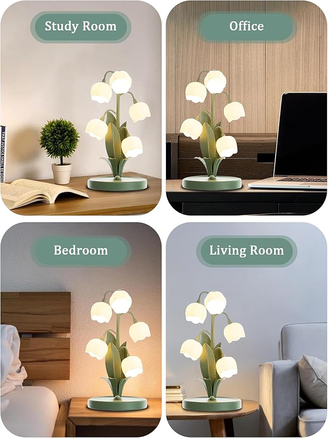 Green Flower Lamp for Home,Bedside Vintage Table Lamps,5 Lily of The Valley Reading Lights,3 Colors Modes Kawaii Bedside Lamp Decor,with G4 Bulb Nightstand Light for Living Room Office Bedroom