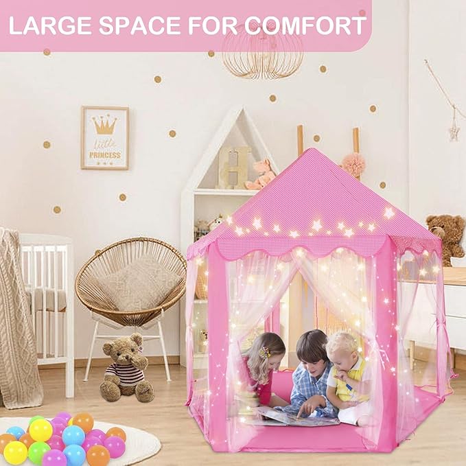 Kid's Play Tent, Ceither Princess Castle Girls Playhouse with Star Lights, 55" x 53" (L x H) Pink Princess Tent Indoor Outdoor for Imagination Interactive Play