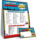 What is Your Superhero Name Game, Game Sign and 30 Cards, Superhero Birthday Party Sign for Boys, Holiday Activity, Kids Superhero Activity Cards, Superhero Activity Decoration Supplies