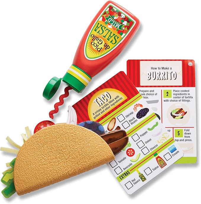 Melissa & Doug Fill & Fold Taco & Tortilla Set, 43 Pieces – Sliceable Wooden Mexican Play Food, Skillet, and More - FSC Certified
