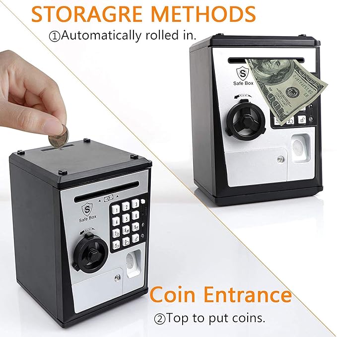 Toy Safe Box, Electronic ATM Piggy Bank, Money Coin Savings Bank, Finger Print Scanner Lock, Great Gift for Children Kids (Silver/Black)