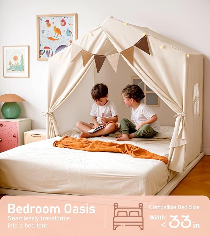 Kids Tent, Play Tent with Star Lights, Large Play Tents with 2 Windows, Kids Playhouse Indoor & Outdoor, Reading Nook, Christmas Toddler Tents for Girls & Boys, 52" x35" x 51", Cream