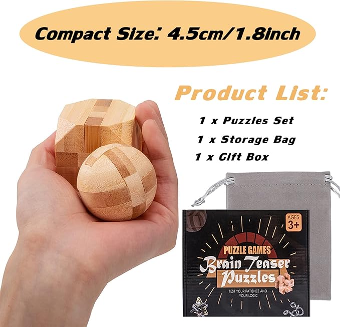 VolksRose 12pcs Wooden Brain Teaser Puzzles, IQ Challenge Puzzle Games, Logic Smart Mind Puzzle Box Lock Toy Removing Assembling 3D Small Puzzle Gift Set for Adults Teenagers Kids, 1.8inch 4.5cm
