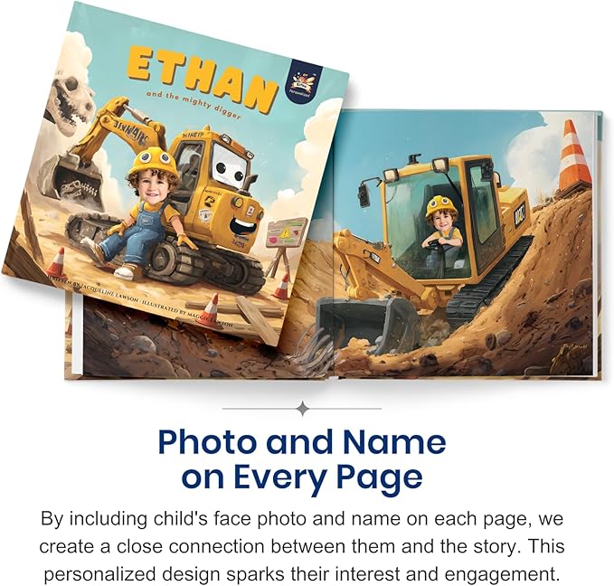 ELFINK Personalized Children Story Books - The Mighty Digger & Dinosaur Discovery - Customized Name & Photo - Baby Gifts - Children Bedtime Story (Soft Cover)