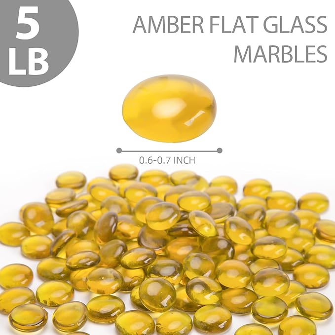FUTUREPLUSX 5Lb Flat Glass Marbles, Amber Yellow Vase Filler Beads Flat Gems Decorative Glass Stones for Table Scatter Hydroponic Plant Decor