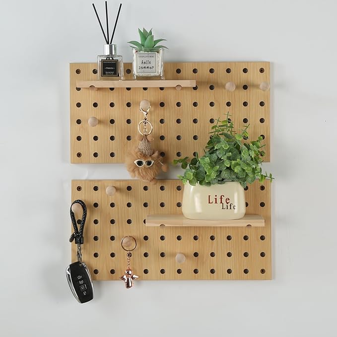 Beige Wood Pegboard Modular Display Wooden Pegboard Combination Wall Organizer Storage Wall Hooks Shelf for Home, Office, Bathroom, Comes with 2 Pieces Pegboards