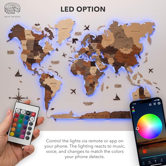 Enjoy The Wood 3D Wood World Map LED 3.0 Wall Art Modern Home Decor Gifts LED Lighting Wall Decor Housewarming Gift (Multicolor)