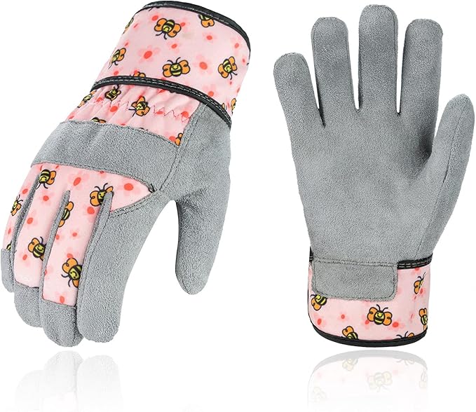 Vgo... 1-Pair Age 5-6 Kids Gardening Gloves,Children Yard Work Gloves,Soft Safety Outdoor Playing Gloves (Size M, Pink Bee, KID-MF3561)