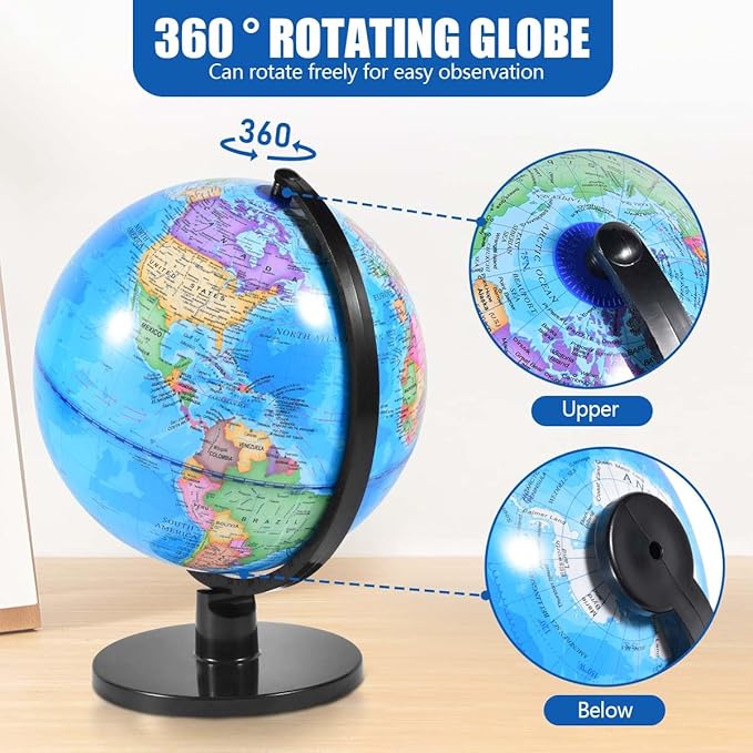 Rotating World Globe 10 Inch Spinning Earth Globe with Stand for Kids Learning Geography Classroom Education or Office Home Decorations