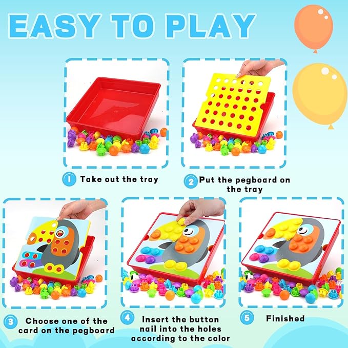 Button Art Toys for Toddlers, Crafts for Age 3-5, Early Educational Toys, Color Matching Mosaic Pegboard, Fine Motor Skills Game, Preschool Learning Activity Gifts for Boys & Girls 3+