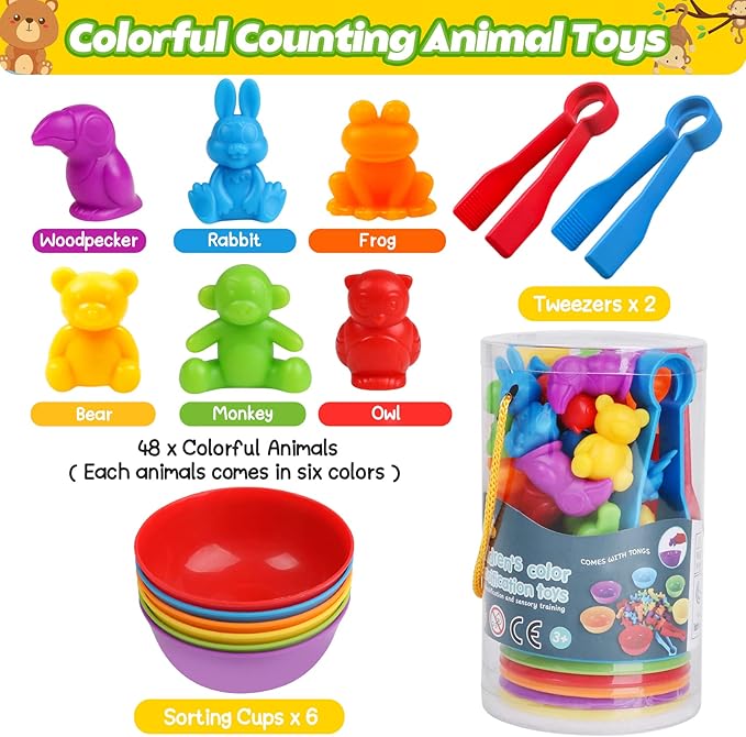 Counting Animals Color Sorting Matching Games with Sorting Bowls Montessori Sensory Early Educational Toys Learning Fine Motor Skill & Counting Math Toys Gift for 3 4 5 Year Old Boys Girls