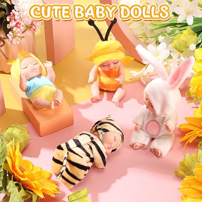 Hanaive 4 Pcs 4 Inch Mini Baby Dolls Lifelike Realistic Baby Dolls Animal Clothes Cute Tiny Gifts for Kids Birthday Party(Vivid Style)