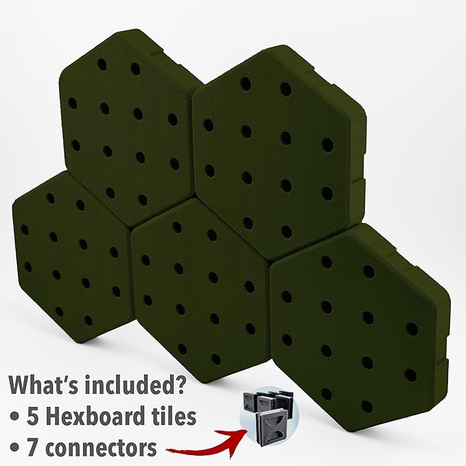 Hexagon Pegboard Tiles, 4.5"x4" each, 5-Pack, Normal-Sized Holes, Make Custom Designs, Easiest to Mount, Expand Existing Pegboard or Fill In Unused Space, Hexboard (Army Green, 4 Inch)