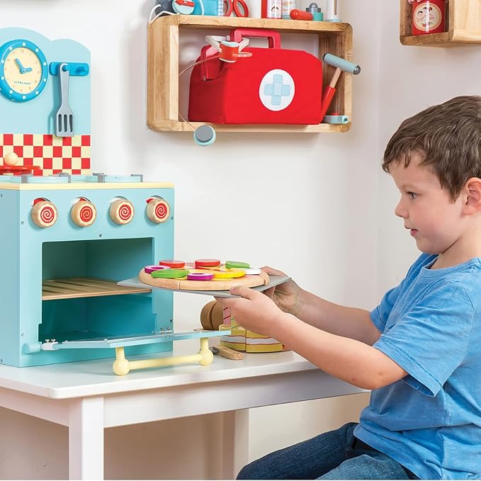 Le Toy Van - Educational Wooden Honeybake Oven & Hob Blue Set Pretend Kitchen Play Toy | Girls Role Play Toy Kitchen Accessories (TV265)