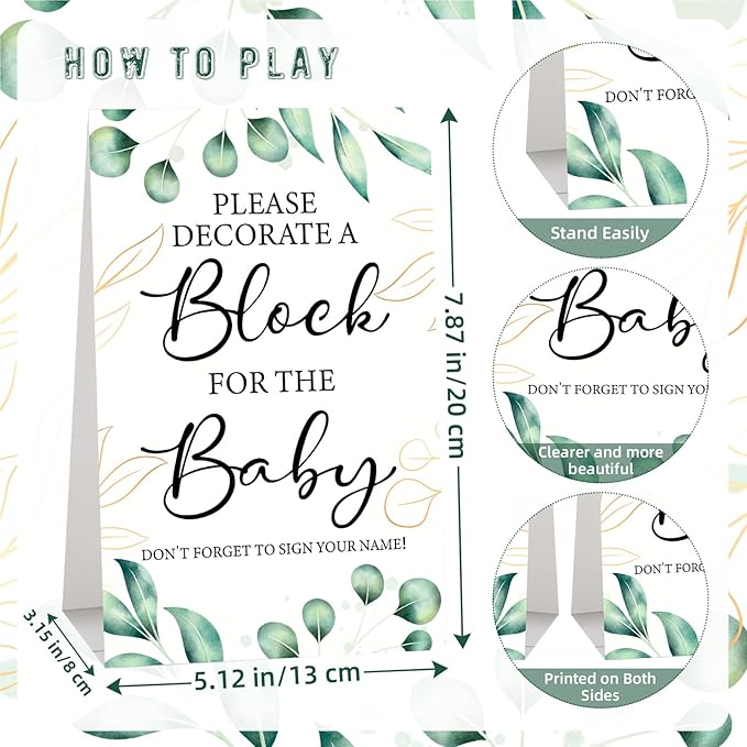 146 Pcs Baby Shower Game Sign Set Includes Decorative Square 56 DIY Blank Wooden Blocks 24 Paint Markers 27 Page Baby‘s First ABC Book (Leaf)