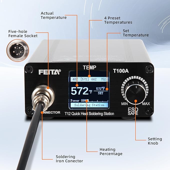 FEITA T12 Soldering Iron Station Kit Tool for Electronics, With 3 Solder Iron Tips, 1 Soldering Wire & Stand, 1 ESD Tweezer, Soldering Machine with °F-°C Conversion, Auto Sleep & Shutdown