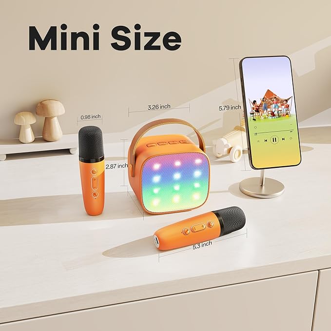 Mini Karaoke Machine for Kids Adults, Portable Bluetooth Speaker with 2 Wireless Microphones, Birthday Gifts Toys for Girls Boys Ages 3, 4, 5, 6, 7, 8, 9,10,11,12+ Years Old Toddler (Orange)