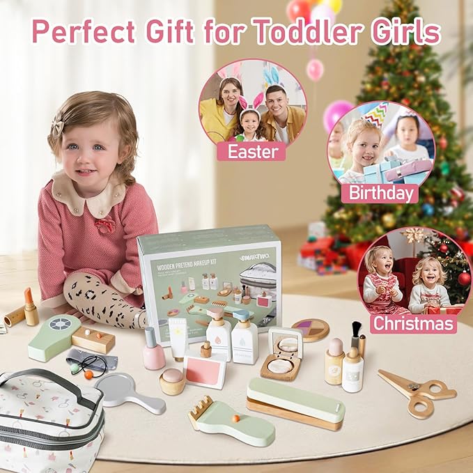 22 PCS Wooden Makeup Toy Set for Toddler Pretend Play,Wood Beauty Salon Toys Cute Wooden Makeup Kit with Realistic Accessories Gift for Girls 3 4 5 6