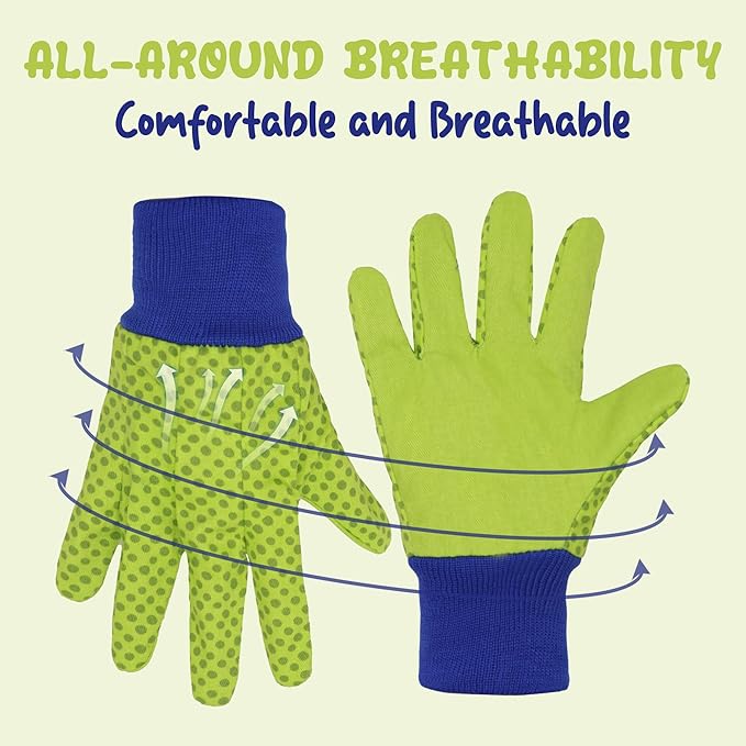 HANDLANDY 4 Pairs Kids Gardening Gloves, Girls Boys Children Garden Work Play Gloves (Green Dot, Medium)