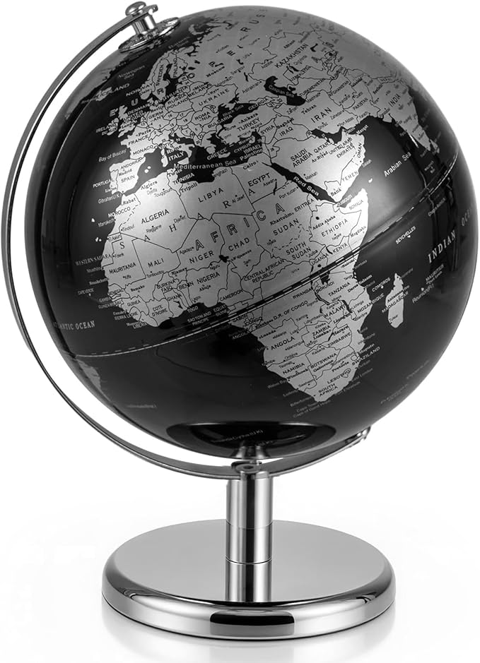 Goplus 8-Inch Metallic Black World Globe, Rotating Earth Globe w/Metal Stand, Educational Learning Teaching Gift, Modern Desktop Decoration for Home, Office (Black + Silver)
