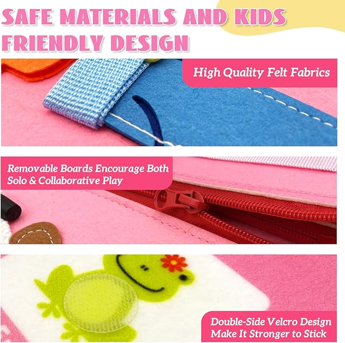 Montessori Busy Board - Busy Book for Toddler 3 4 Educational Toys for Boys Girls, Sensory Activity Board, Fine Motor Skills Learning Gift (Pink)
