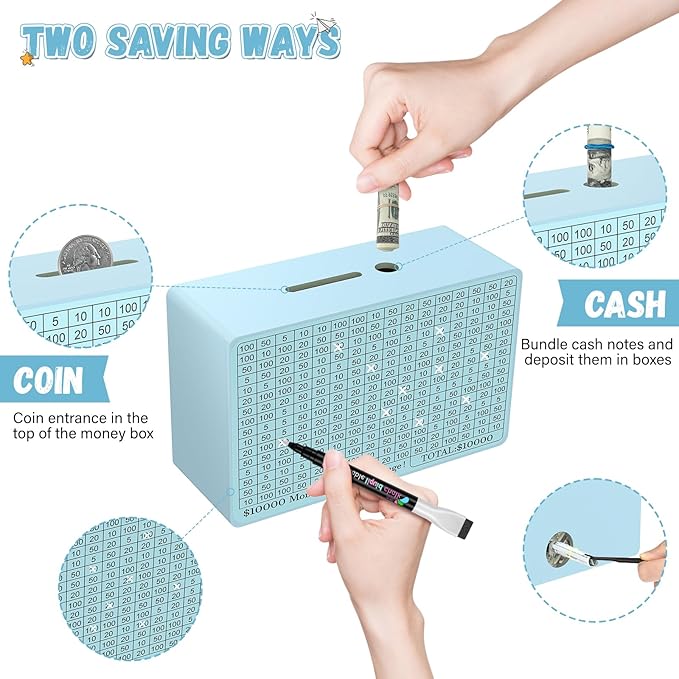 Wooden Money Saving Box, Cash Vault Savings Box for $10000 $5000 $3000 $1000 $800 $500 Target Money Saving Challenge, Reusable Money Box with Counter, Dry Erase Pen/Savings Trackers/Rubber Band-Blue