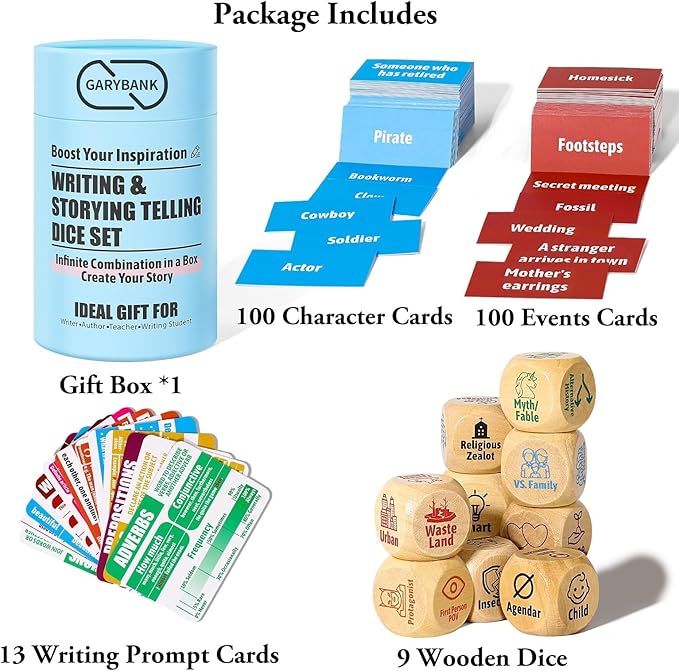 Garybank Inspiration Writing Prompt Dice - W/13 Writing Skill Cards and 200 Character & Event Cards - Storytelling Game for Kids, Writer & Teachers - Creation Set of 9 Story Cubes - Gifts for Writers