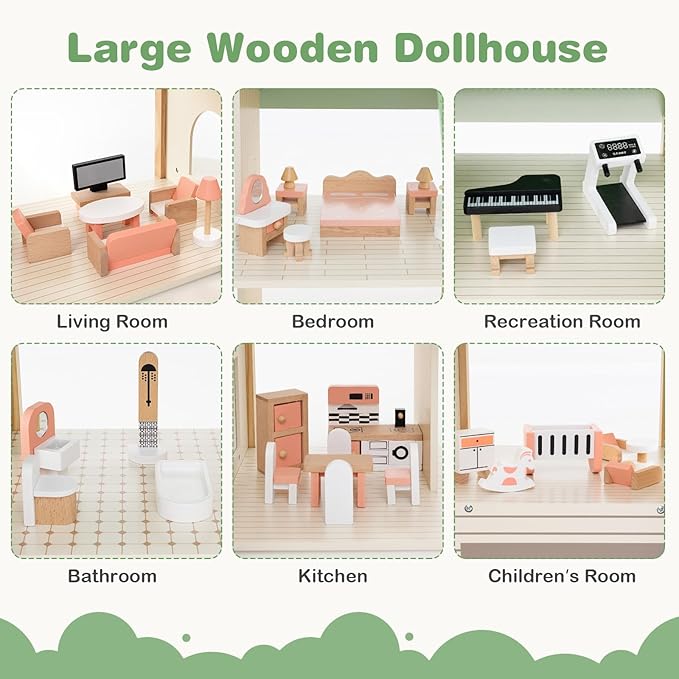 GLACER Wooden Dollhouse, Pretend House w/ 6 Rooms, 3 Storytelling, Ample Accessories, Stair & Door, Ideal Gift for Kids 3+ Years Old