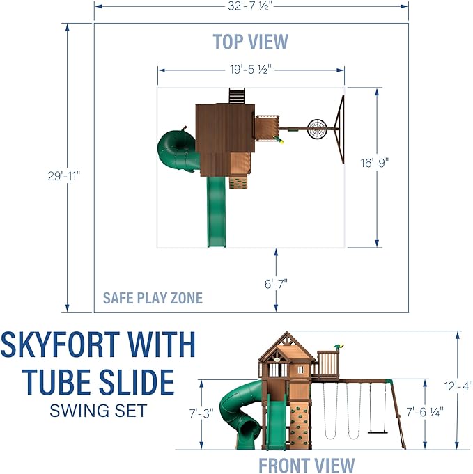 Backyard Discovery Skyfort All Cedar Swing Set, Elevated Covered Wood Roof Clubhouse with Bay Windows, 2 Belt Swings, Web Swing, 10ft Wave Slide, 5 ft Tube Slide, Covered Picnic Table, 5 ft Rock Wall