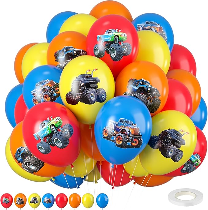 Monster Truck Balloons, 12 Inch Red Yellow Blue Orange Balloons Colorful Truck Theme Printed Latex Balloon Bouquet for Monster Truck Party Baby Shower Wedding Birthday Party Supplies