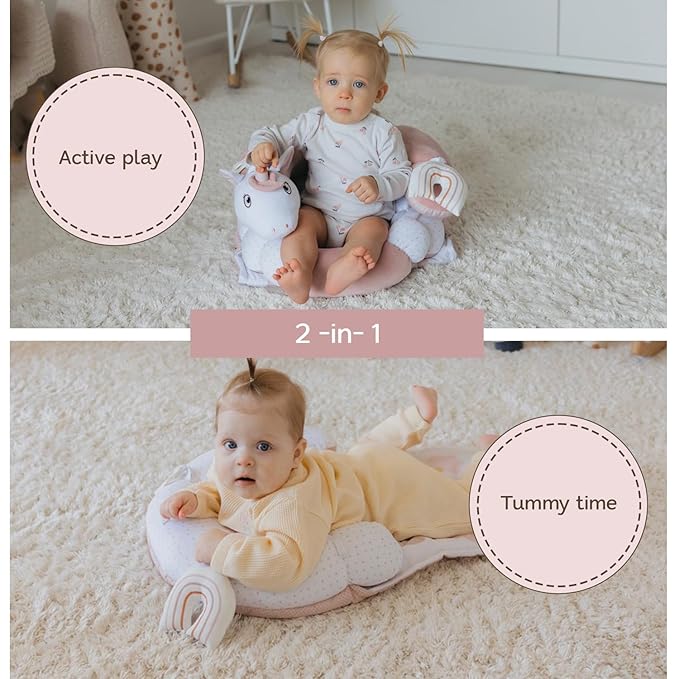 2-in-1 Tummy Time Mat and Seated Support with Two Toys – for Newborns and Babies – Includes Detachable Cushion for Supervised Play & Head/Neck Development (Blush)
