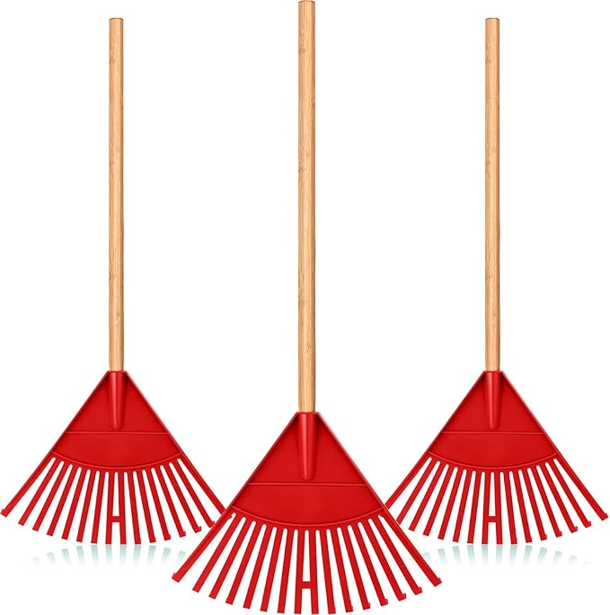 Macarrie Pack of 3 Kids Rakes with Hardwood Handle Lawn Garden Rake for Kids Gifts to Sweep Fall Leaves in Lawn and Tidying up The Garden Made of Wood and Plastic, 34.6 Inch(Red)