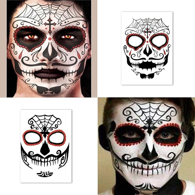 Yazhiji 42 Sheets Halloween Temporary Tattoo Family Set Day of Dead Pumpkin Ghost for Women Black Fake Death Skull Skeleton Tatoos for Men Boy and Girl, Halloween Zombie Makeup Tattoo Kit