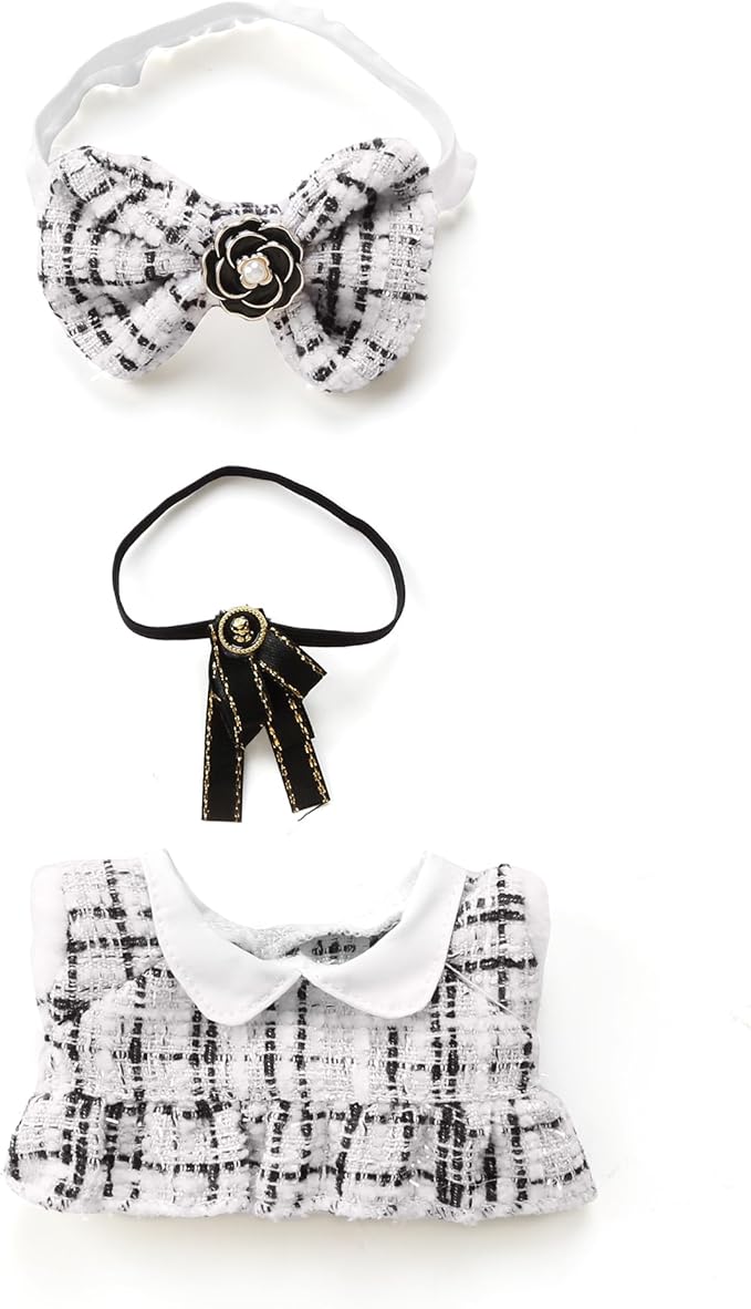 17cm Doll Clothes for Labubu - Luxury Chic Style Set for 17cm Dolls, Premium Doll Outfit with Accessories - White Plaid Tweed Dress + Black Necktie + Plaid Bow (Clothes Only)