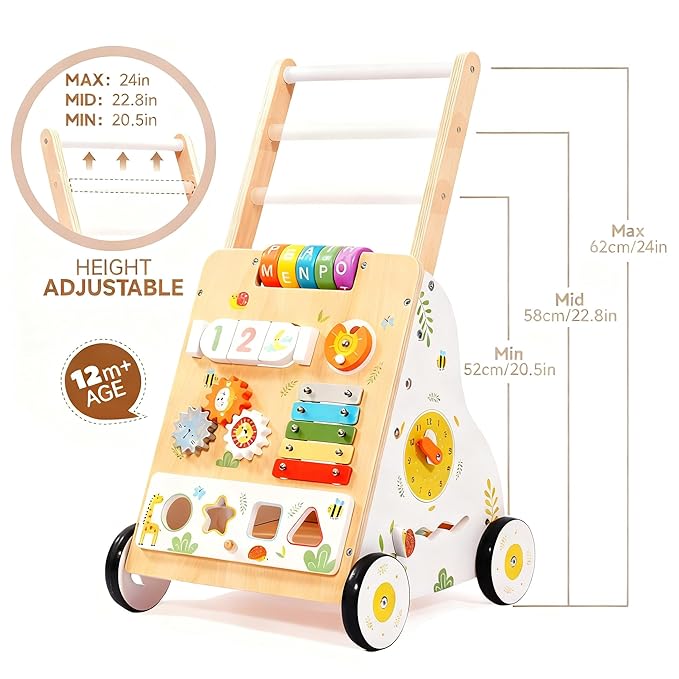 Wooden Baby Walker Push Toy for Infants 1-3 Years Learning to Walk, Adjustable Speed Activity Walker with Montessori Toys, First Birthday Gift for Boys & Girls