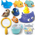Bath Toys for Kids Ages 1-3, No Hole Bath Toys for Babies 6-12 Months, Wind-up Ducks Baby Pool Toys, Rubber Duck Watering Can Fishing Net Water Toys for Toddlers, Bath Toy Storage, Halloween Toy