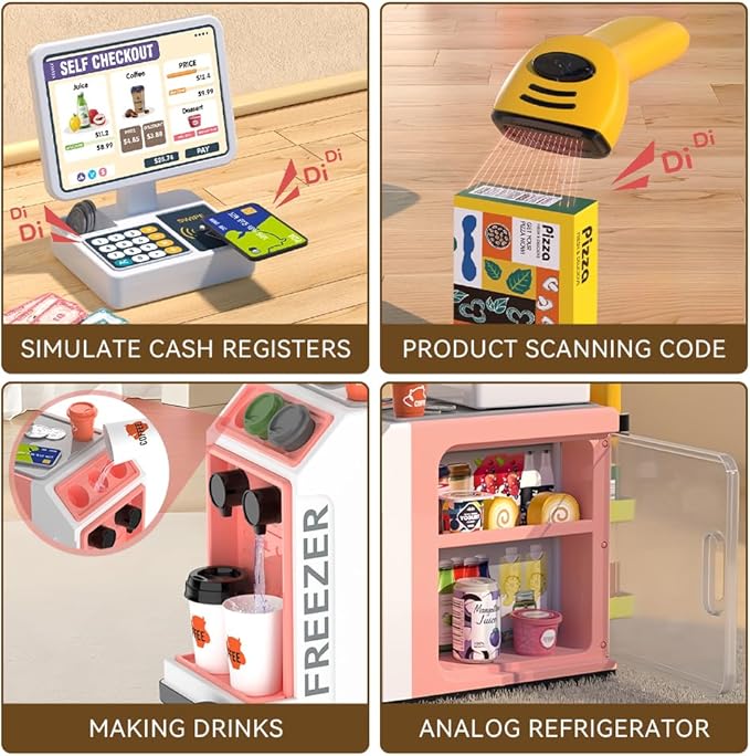 Cash Register Playset for Kids - 48PCS with Toy Coffee Machine,Pretend Play Money, Calculator, Scanner, Credit Card and Play Food for Boys and Girls！