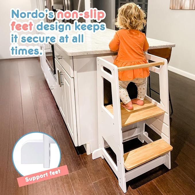 Toddler Kitchen Stools Helper with Adjustable Height and Anti-Slip Protection, Kids Standing Tower with Safety Rail, Kids Montessori Stool with Learning Chalkboard, Gray