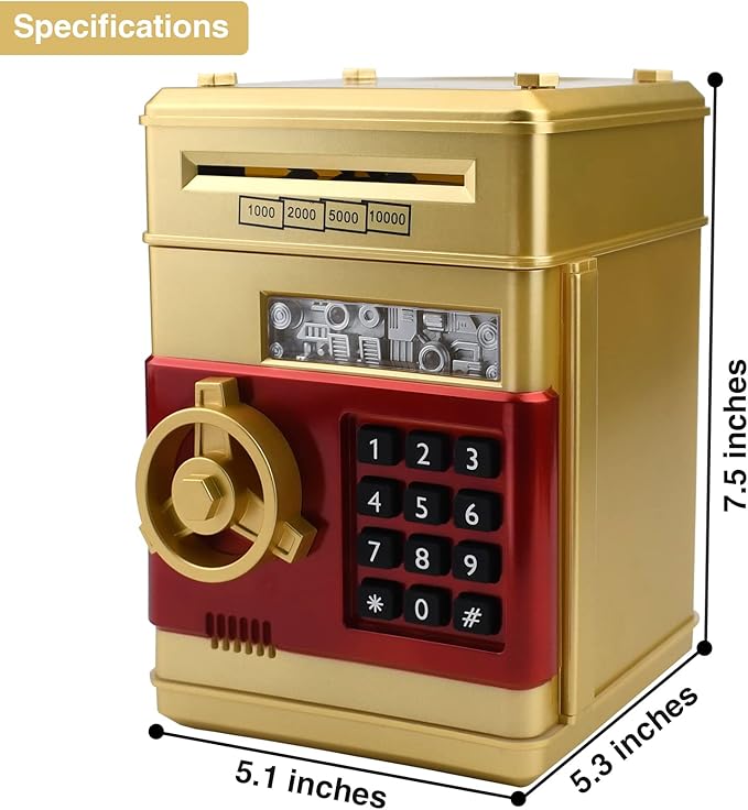 Electronic Piggy Bank with Password Lock & Mini ATM Function - Money Saving Box for Kids, Safe Coin Bank Toy for Ages 3 for Boys & Girls (Gold)