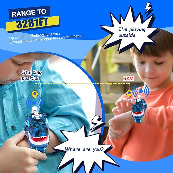 Dinosaur Walkie Talkies for Kids - 2 Way Radios Toys for Boys & Girls Ages 3-12 - Long Range, 3 Channels - Outdoor Adventure, Camping, Hiking Gifts Birthday Gifts (Blue)