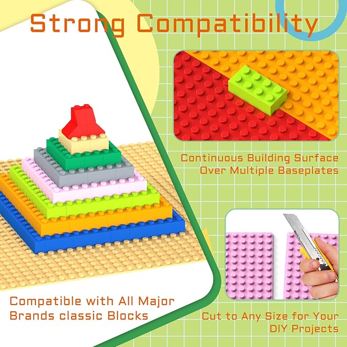 Vdealen 8 Pack Classic Baseplates 10" x 10" Large Building Plates for Building Bricks, Compatible with All Major Brands and Activity Table- Perfect STEM Gift for Builders (Multicolored)