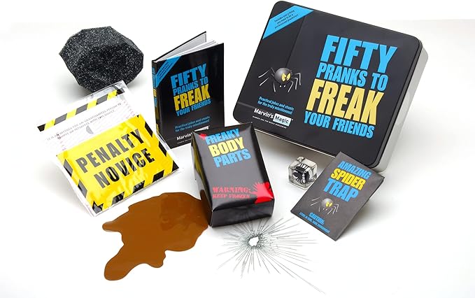Marvin's Magic - Fifty Pranks to Freak Your Friends - Magic Tricks for Kids in Gift Tin - Includes Novelty Parking Ticket, Realistic Coffee Spill and More - Prank Kit, Magic Tricks and Family Games