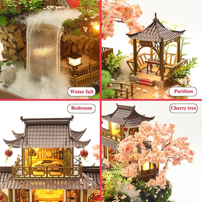 Yuzhen DIY Miniature Dollhouse with Furniture and LED Lights, Large Ancient Style Wooden Dollhouse Includes Dustcover and Music Movement